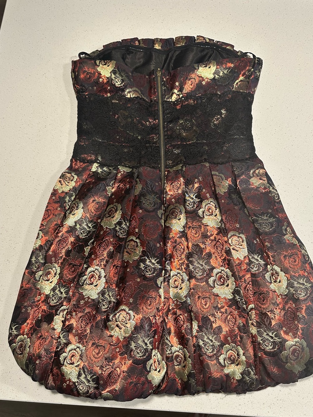 bebe Floral Jacquard Strapless Dress in Burgundy and Black